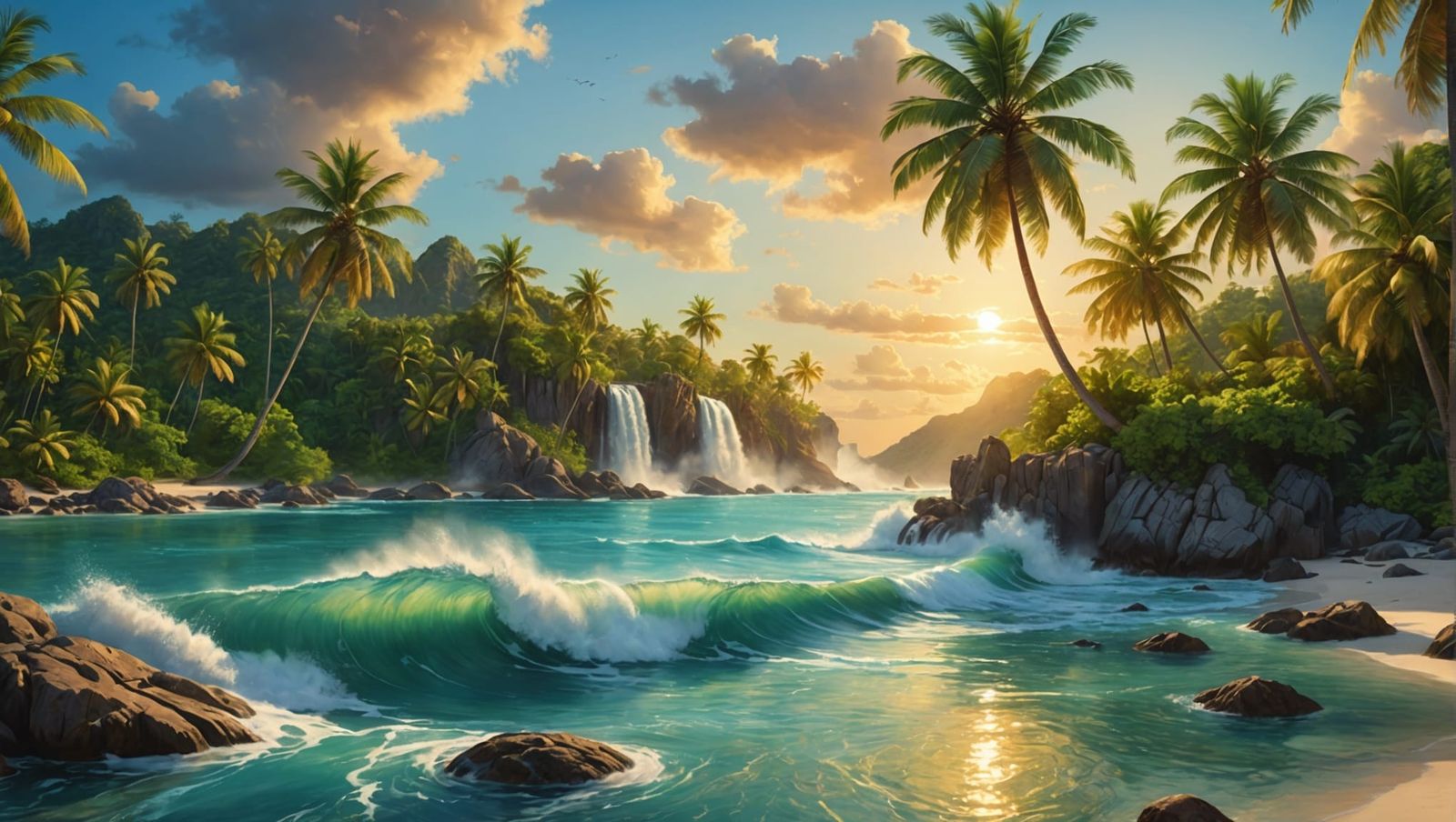 Tropical Island Landscape with Bioluminescent Waves