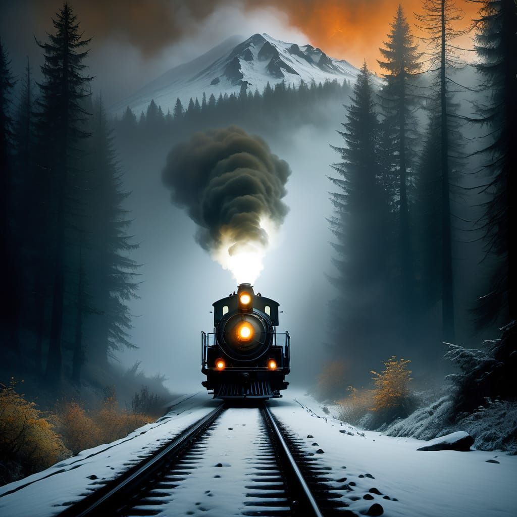 Vintage Steam Train in Misty Autumn Forest