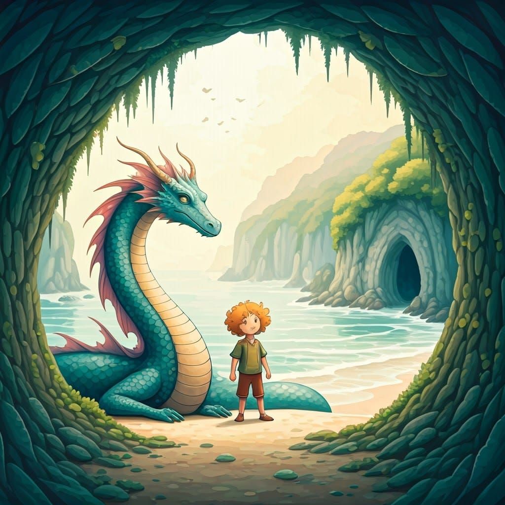 Dragon and Boy on Mystical Beach in Watercolour