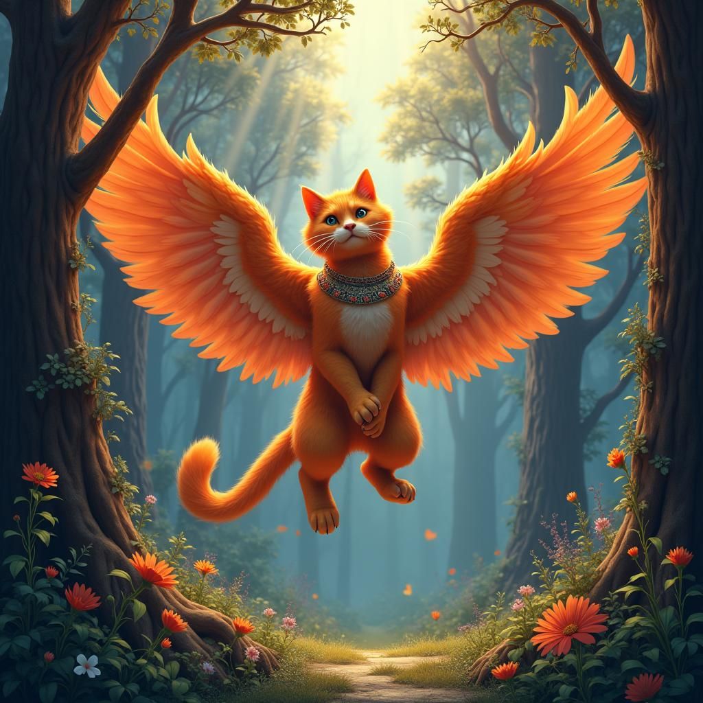 Cat-Phoenix Hybrid Soaring Above Forest, Fantasy Concept Art