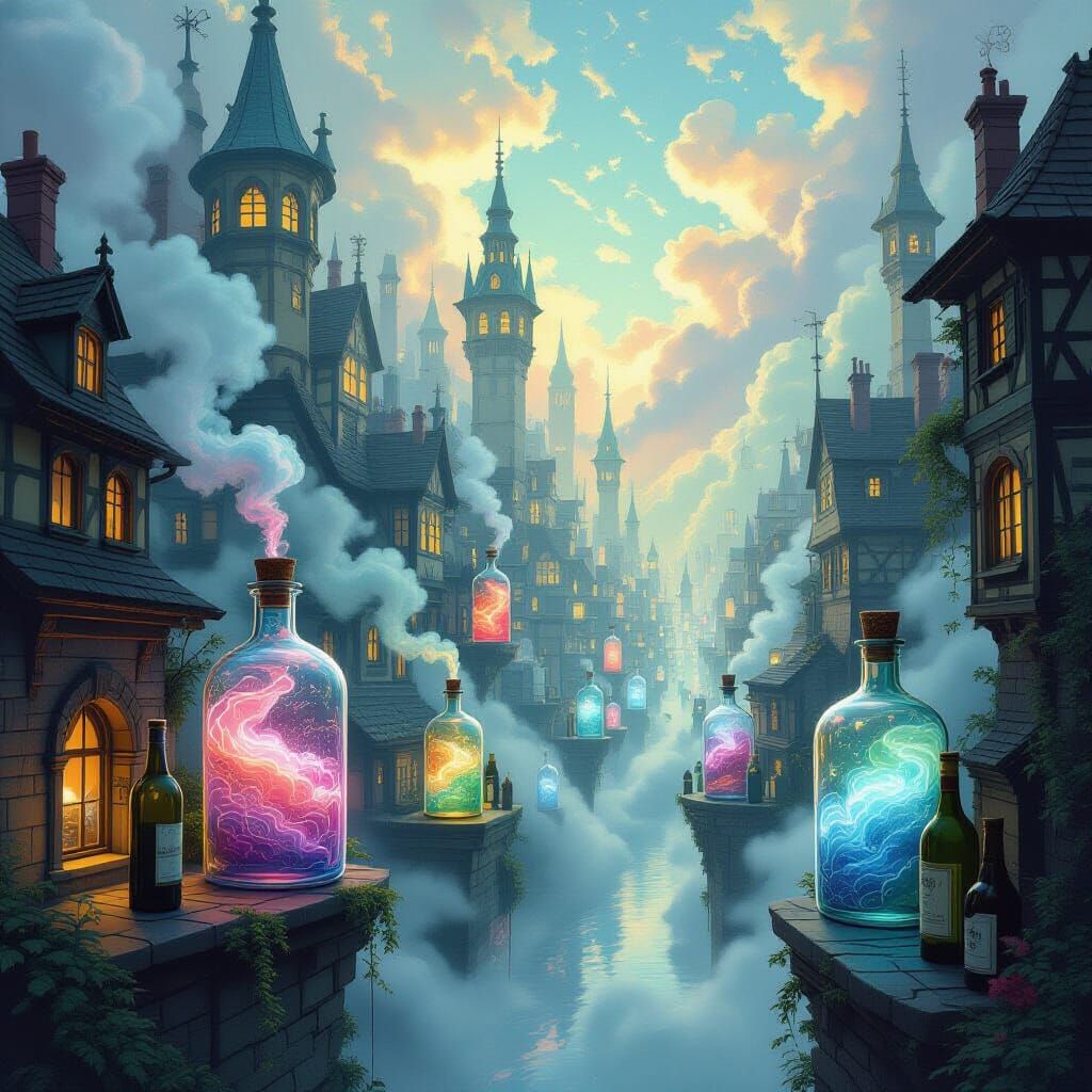 Mystical Cityscape of Bottled Dreams in Digital Art Style