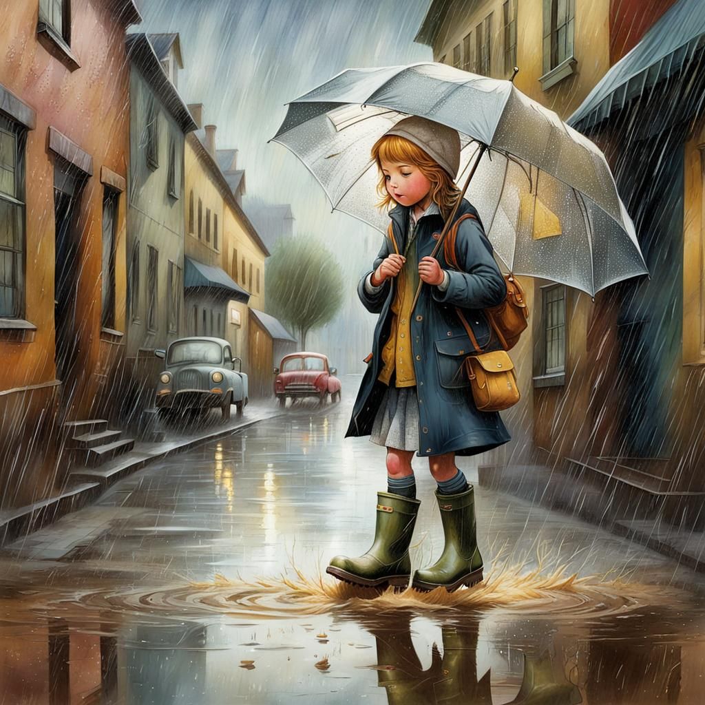 Charming Schoolchild Plays in Rainy Puddles in Hyperrealisti...