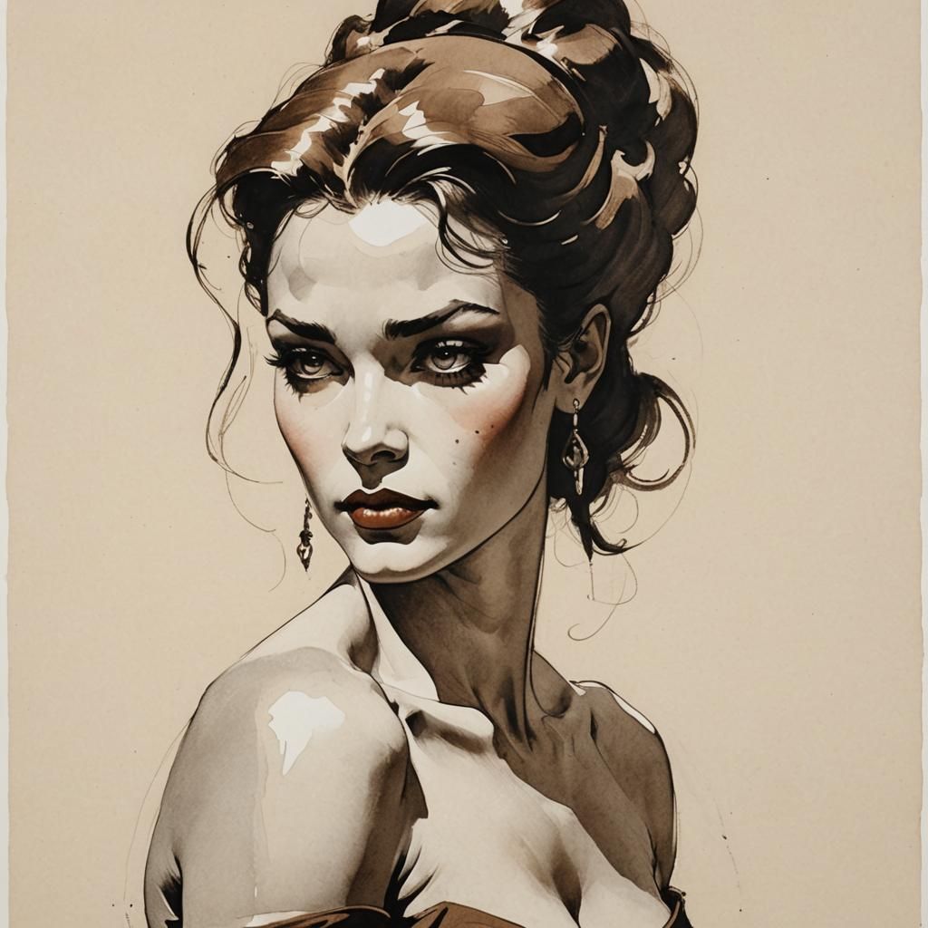 Attractive Woman Portrait in Ink Drawing Style