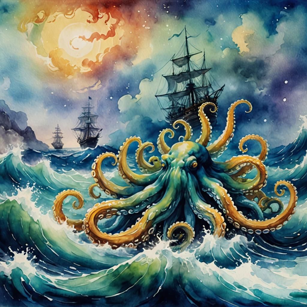 Diaphanous Kraken in Watercolor with Triadic Colors