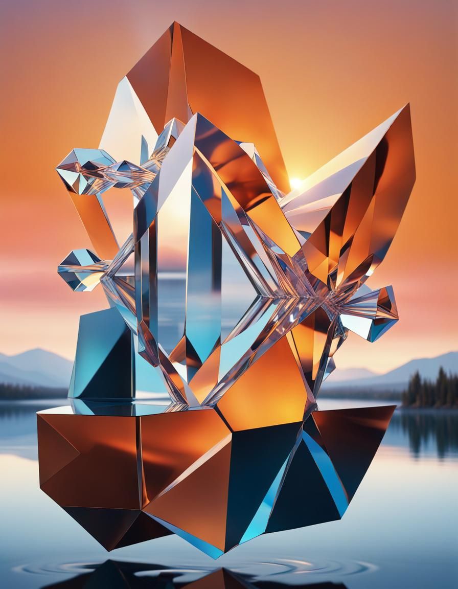 Abstract Crystal Structure Over Lake at Sunset