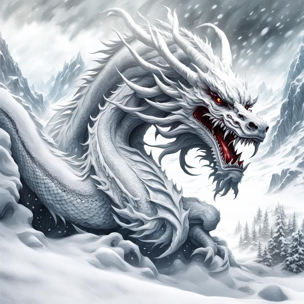 Bleeding White Chinese Dragon on Snow