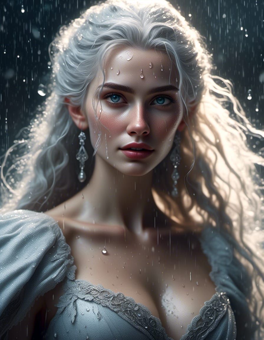 Woman in Opera Gown Walking in Rainy Hyperreal Scene