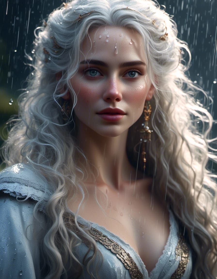 Woman in Opera Gown Walking in Autumn Rain