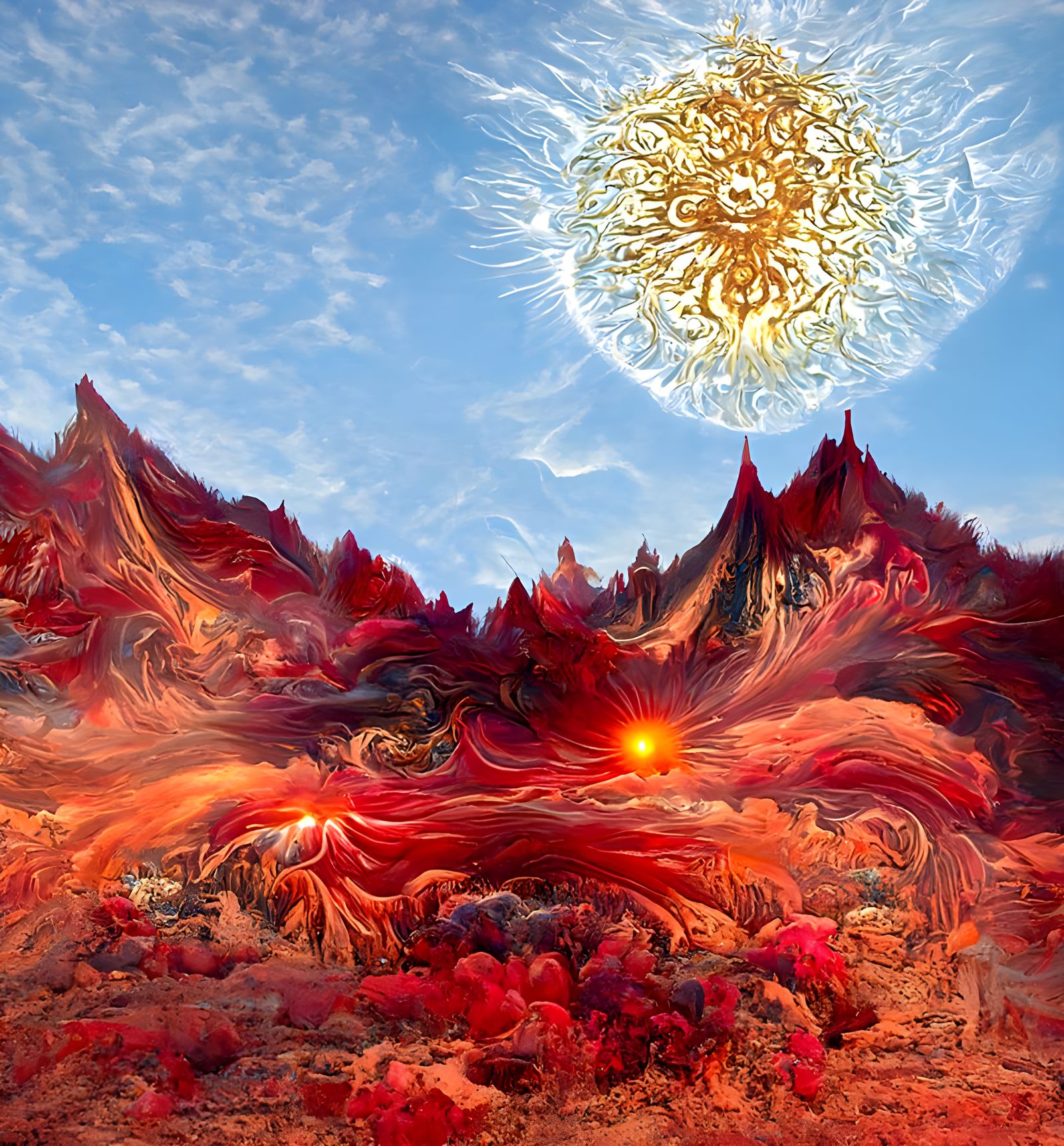 Exploding Sun Over Blood Mountains: Cosmic Landscape