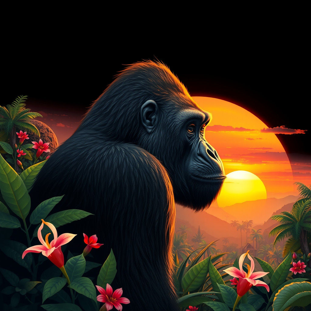 Gorilla in Jungle Sunset Panorama