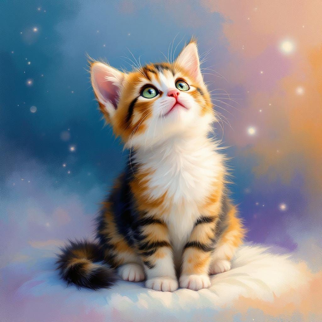 Calico Kitten Gazing Skyward: A Whimsical Watercolor Paintin...