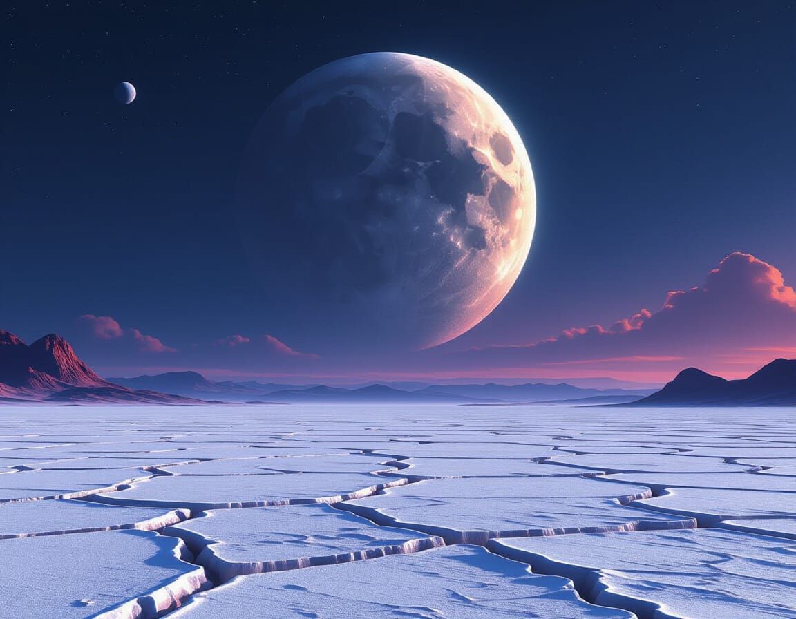 Colossal Planet Over Cracked Salt Plain at Twilight