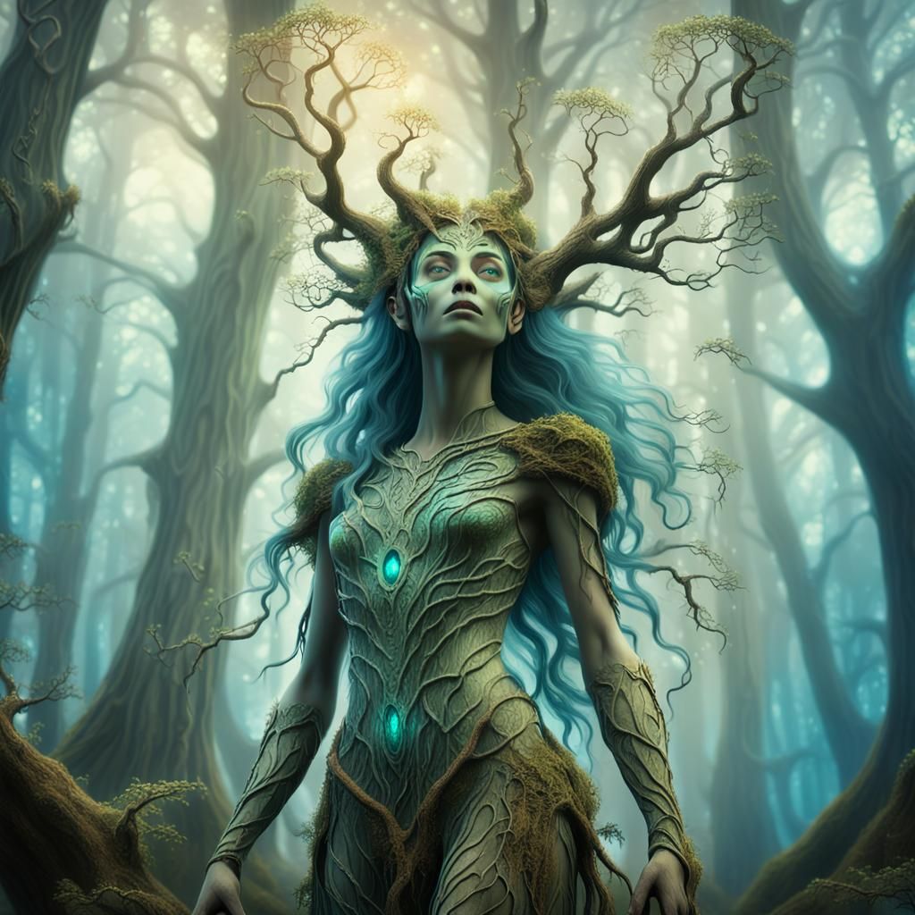 Ethereal Dryad in Misty Forest: Fantasy Art