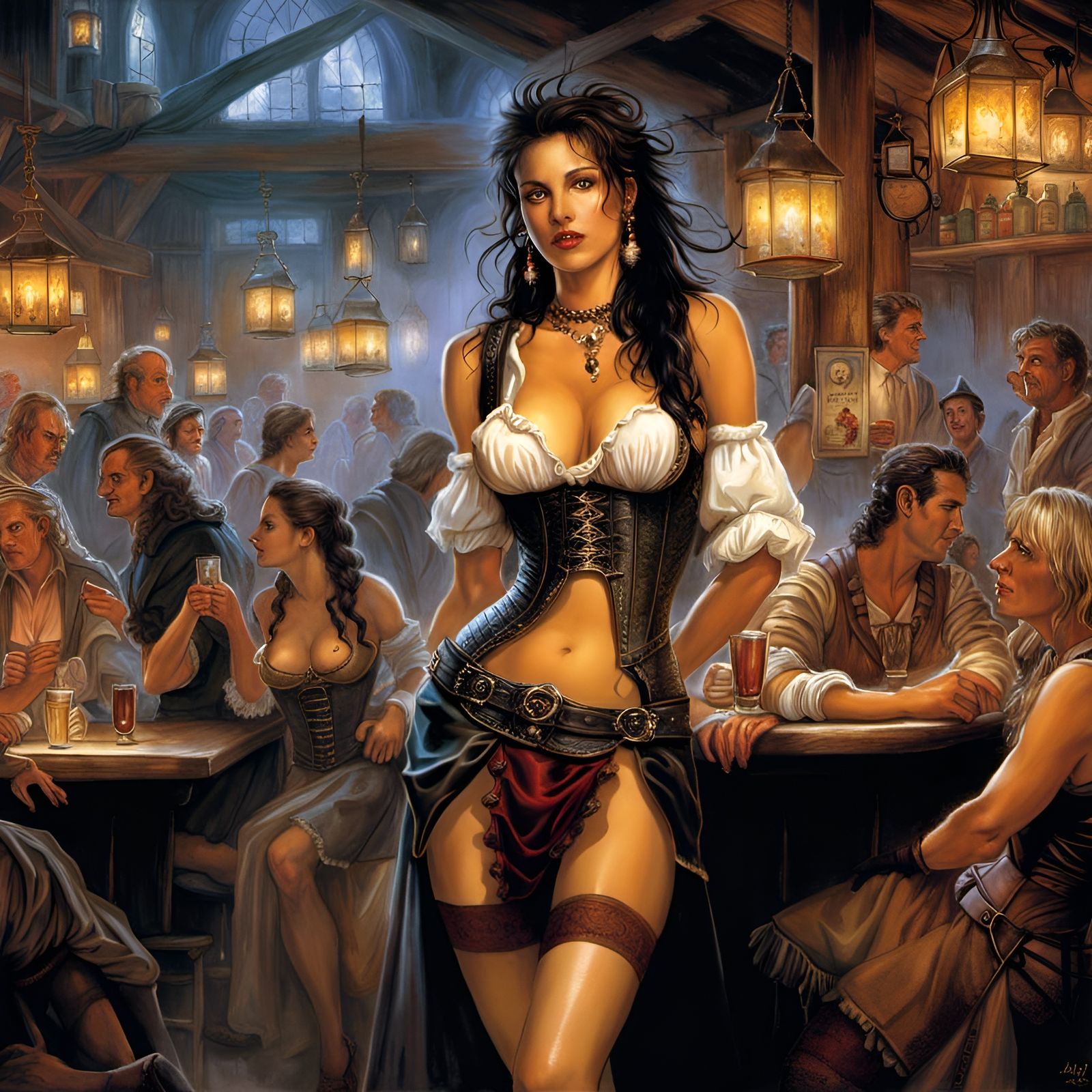 Joyful Wench in Crowded Tavern: Dark Fantasy Art