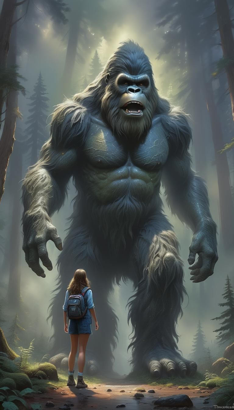 Bigfoot in Ethereal Forest, Kinkade Style