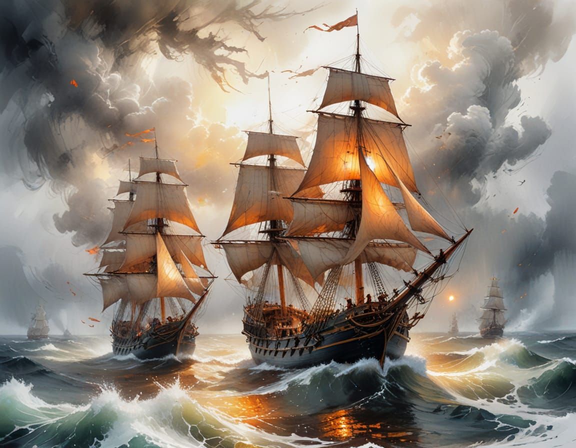 18th-Century Sailing Fleet Battles Stormy Sunrise