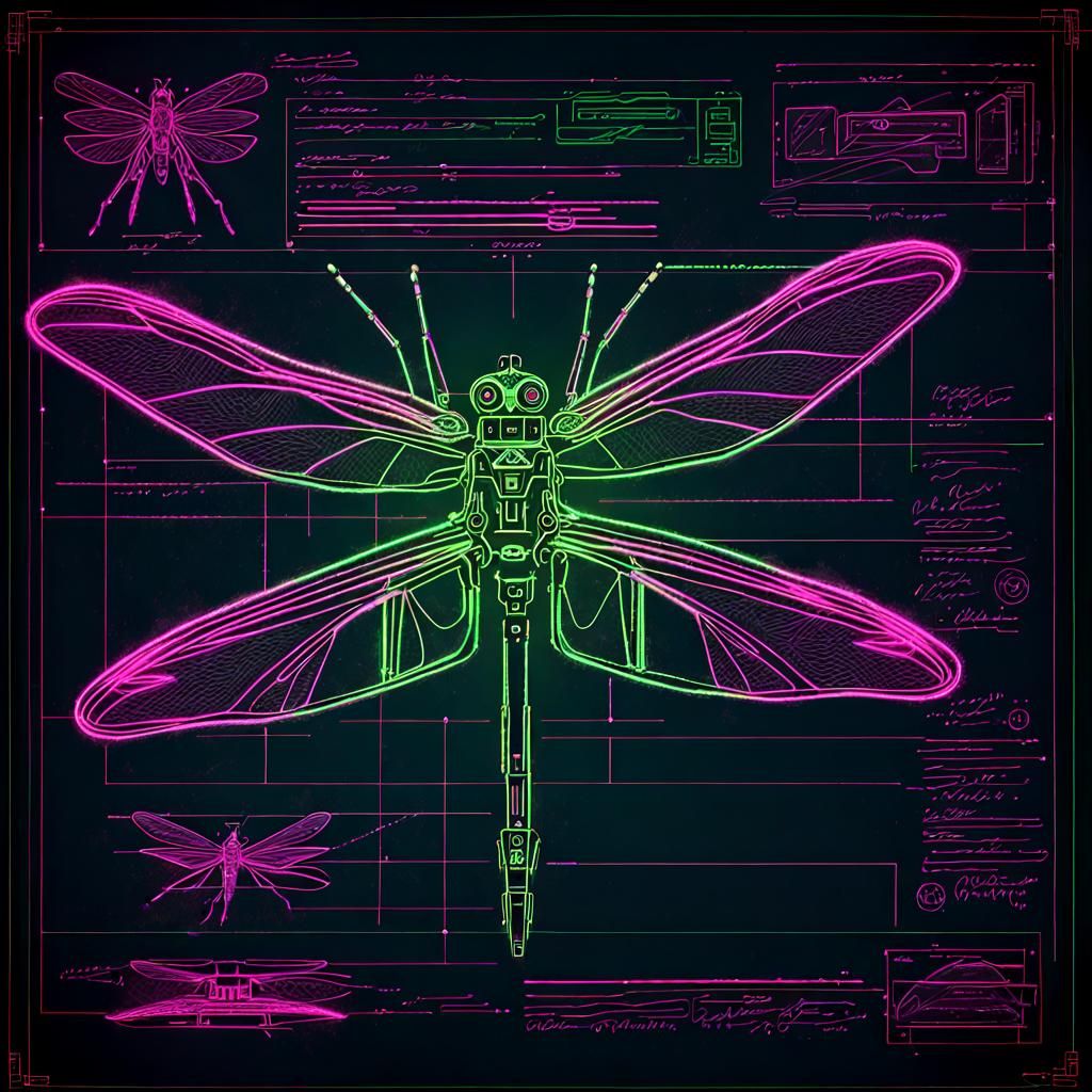 Robotic Dragonfly Blueprint in Cyberpunk Style