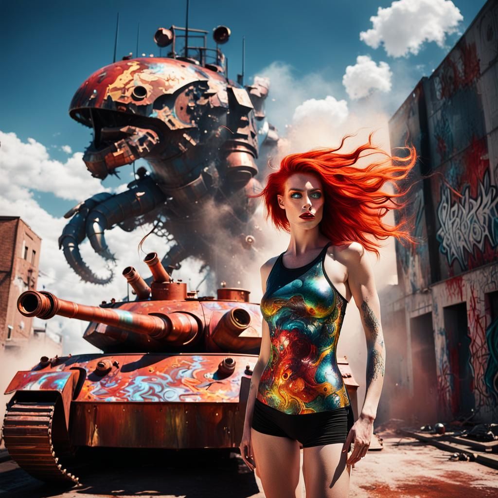 Swimsuit Model on Tank with Robot Dragons