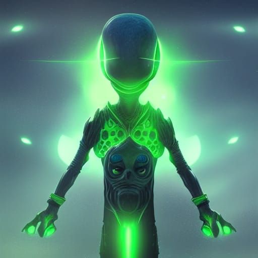 Green Alien with Laser Pistol in Detailed Matte Painting