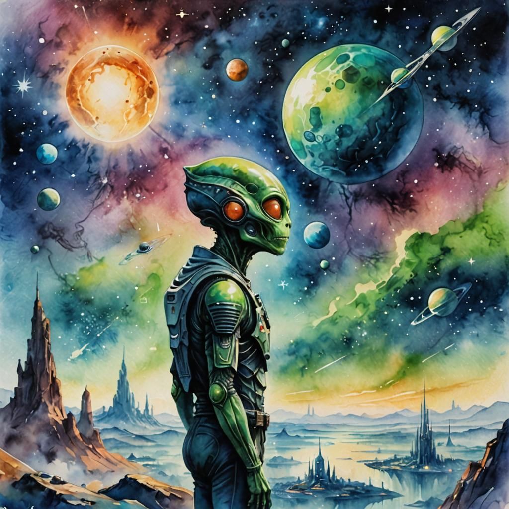 Watercolor Alien Dreamer Gazing at Starry Sky