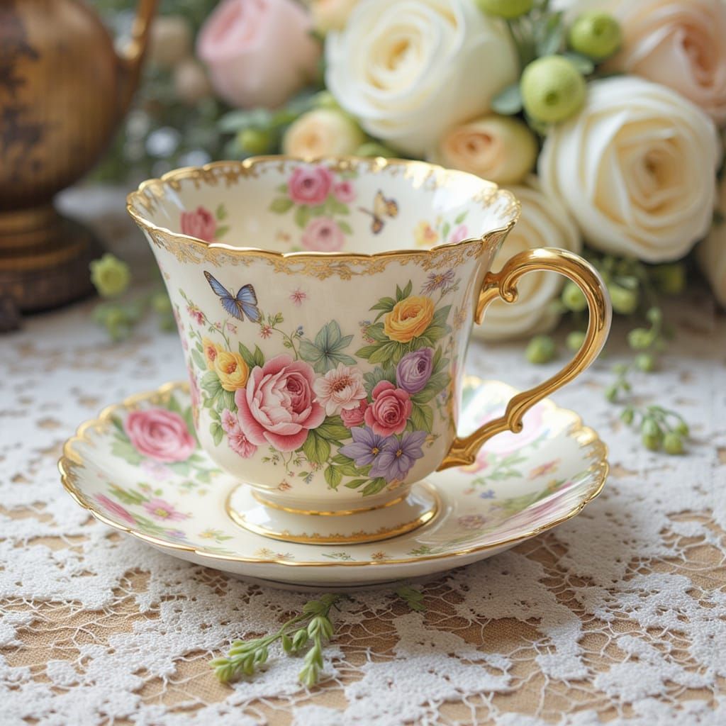 Whimsical Teacup with Floral Design in Mixed Media Art