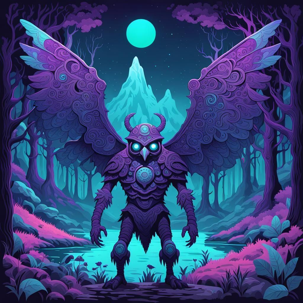Psychedelic Mothman in 2D Game Art Style