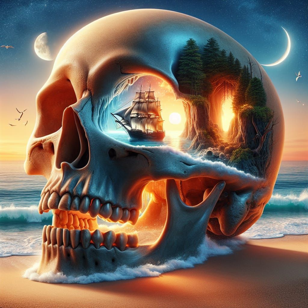 Surreal Skull Beach Dreamscape in Digital Art