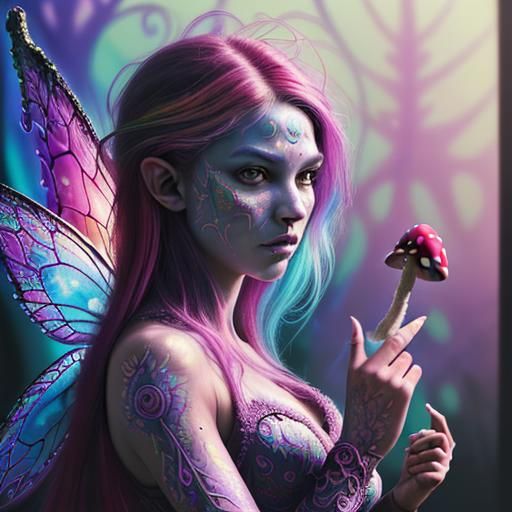 Psychedelic Fairy on Mushroom in Splash Art Style