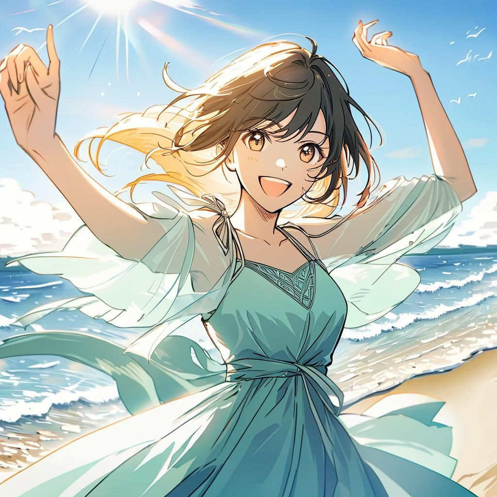 Anime Girl Dancing on Sunny Beach