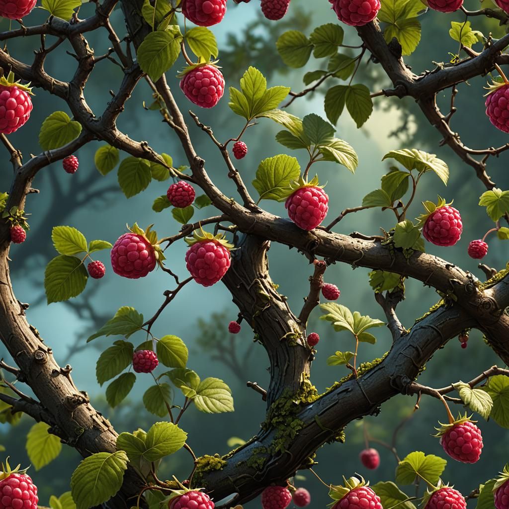 Branch with Acorn and Raspberry: Detailed Matte Painting
