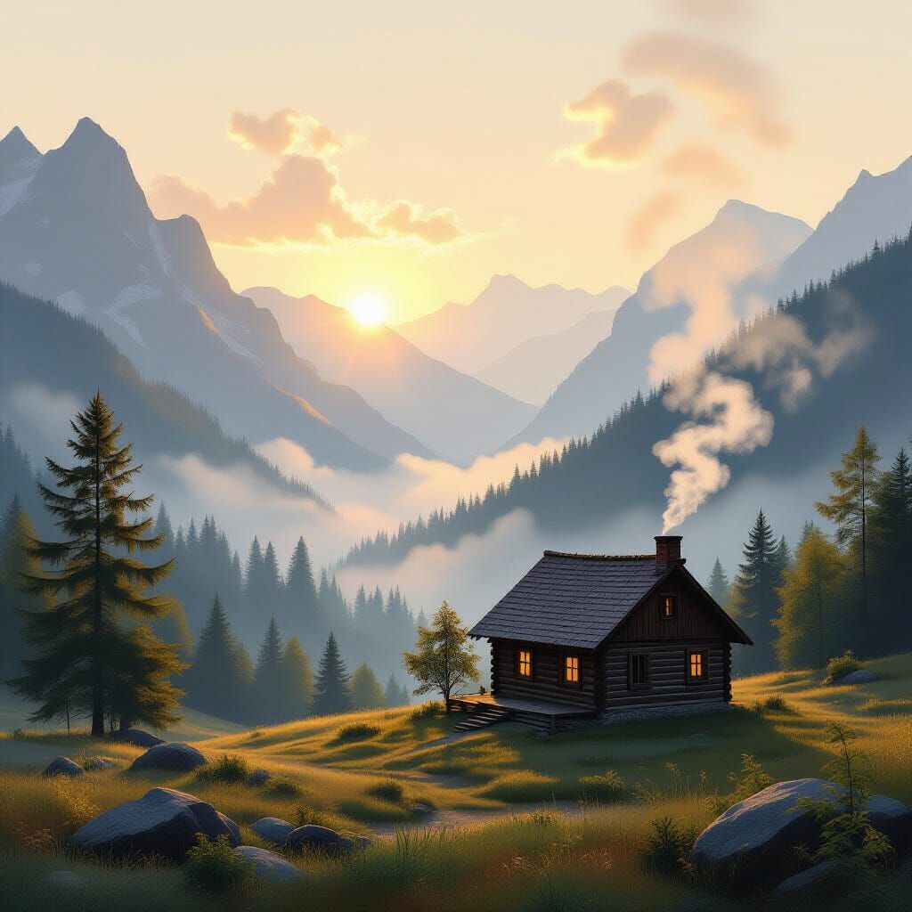 Misty Mountain Cabin at Golden Hour