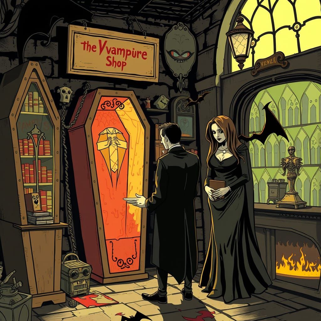 Vampire Salesman in Coffin Shop Scene