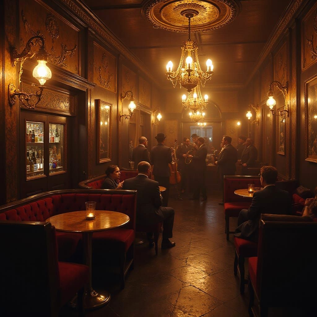 A cozy, dimly lit 1920s speakeasy bar with velvet booths and...