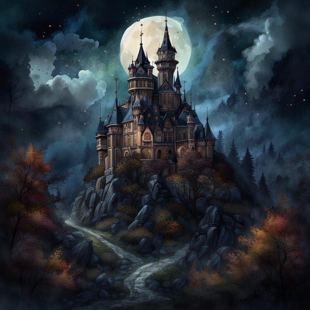 Gothic Castle Under Moonlight in Watercolor Style