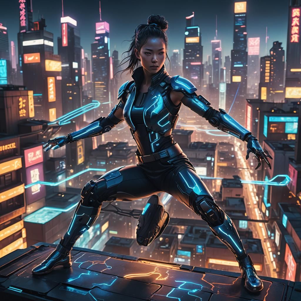Cyberpunk Kung Fu Woman on Neon Rooftop