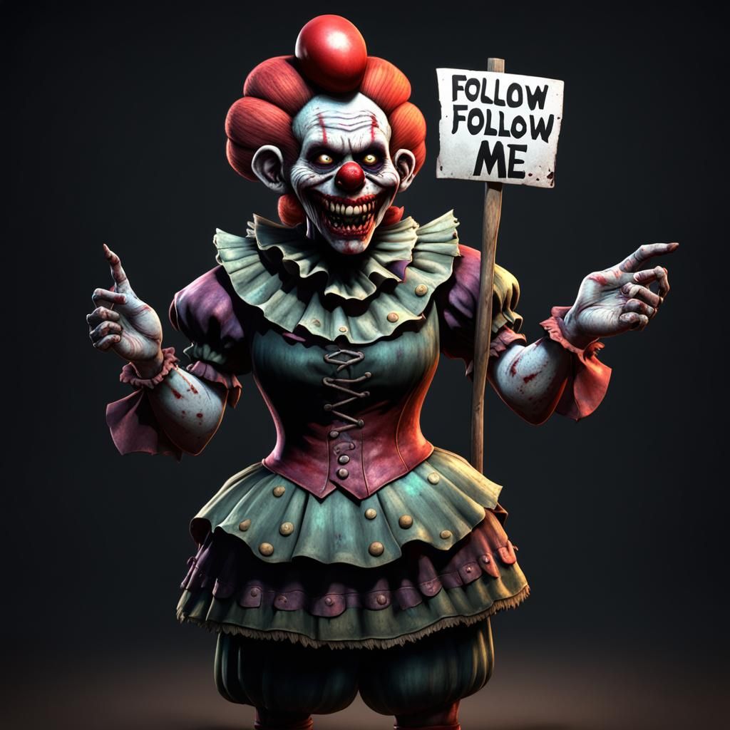 Zombie Monkey Clown Woman with Sign Grinning