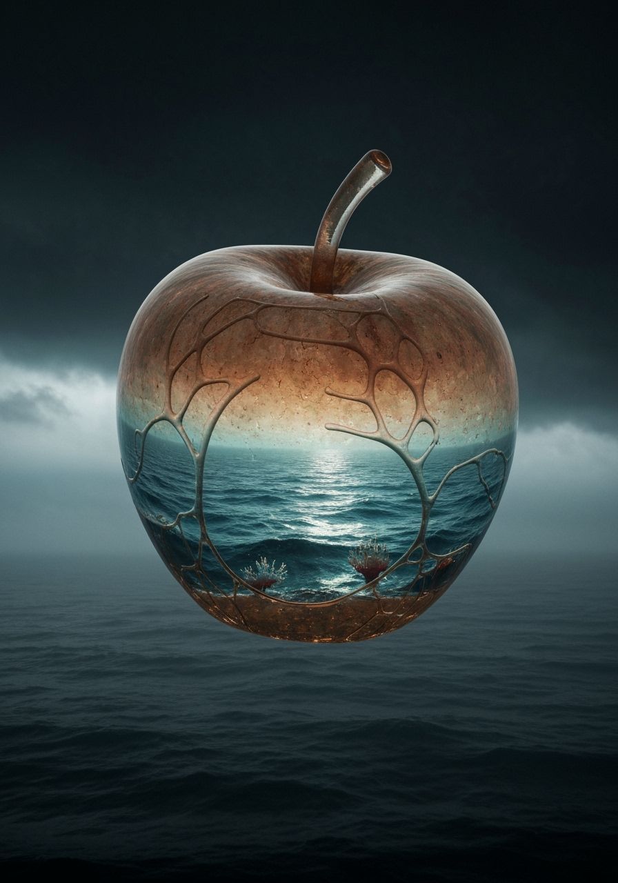 Glass Apple Floating on Stormy Sea in Double Exposure