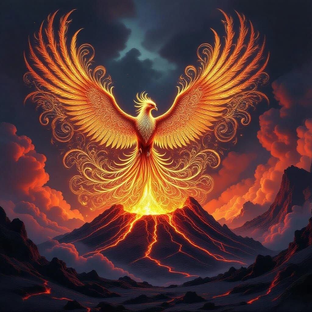 Majestic Phoenix Erupts From Volcanic Crater in Fractal Styl...