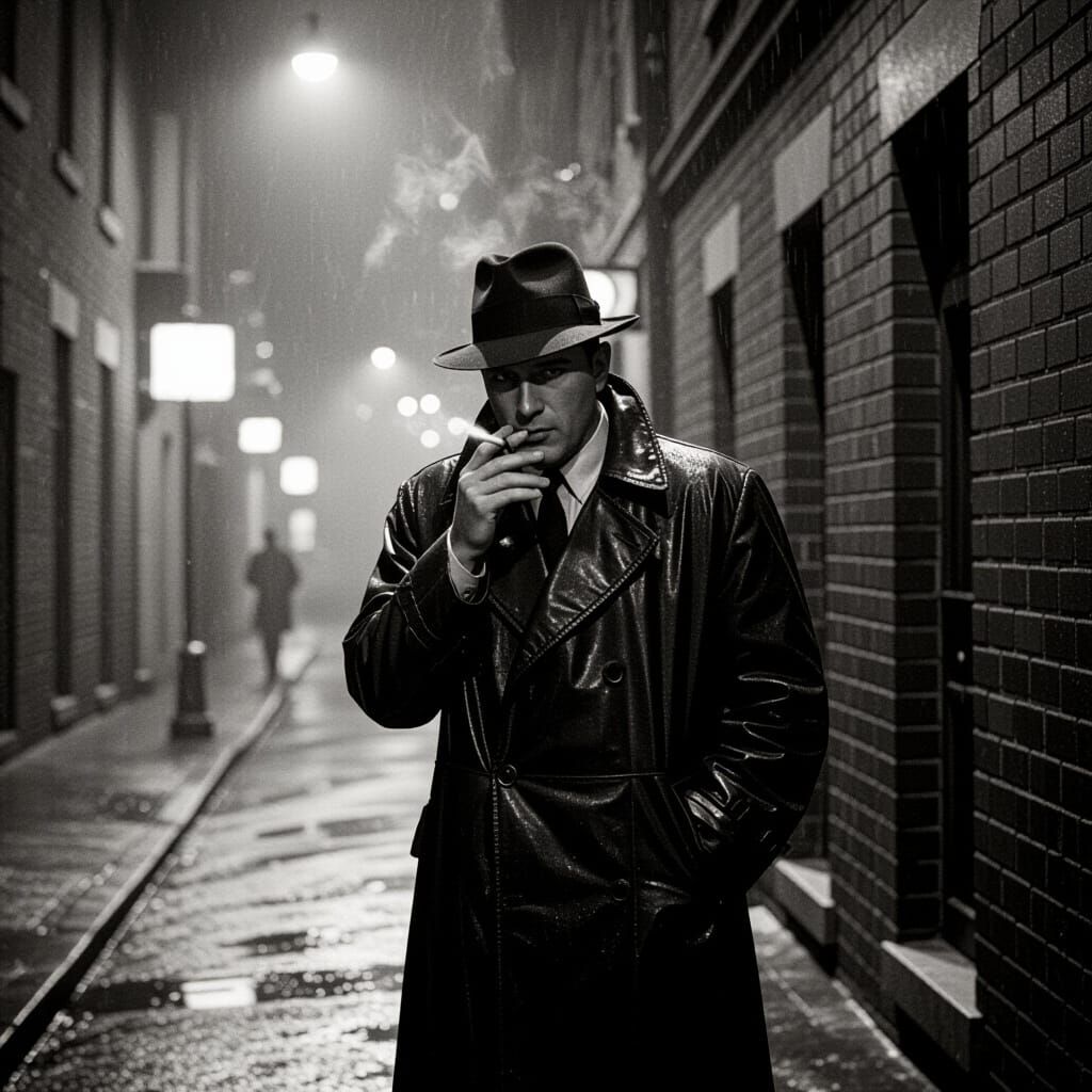 Ominous Man in Rainy City Street: Film Noir