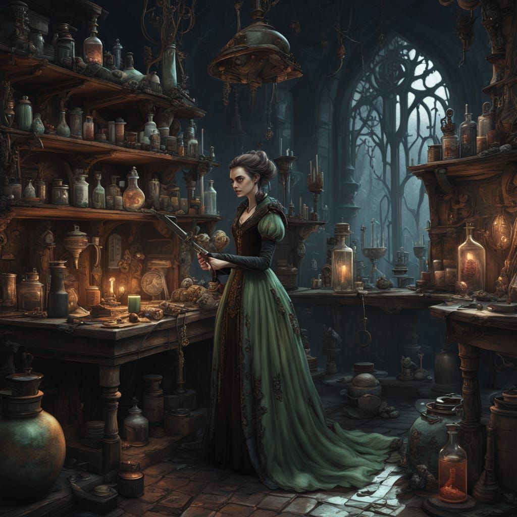 Vampire Alchemist in Gothic Steampunk Laboratory