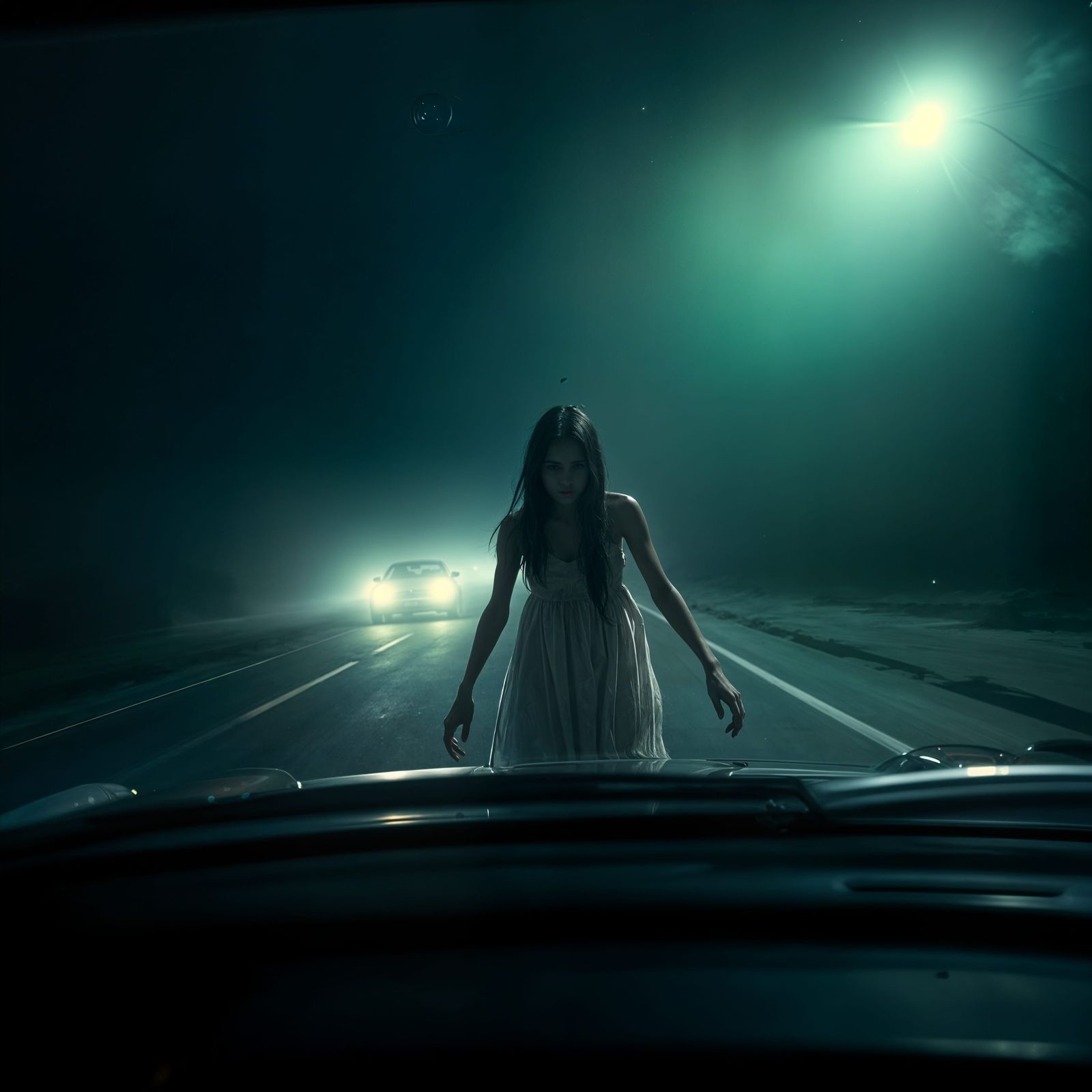 Photorealistic Ghostly Encounter in a 1970s Car at Night