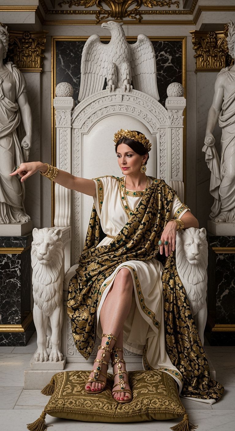 Roman Empress on Marble Throne in Opulent Room
