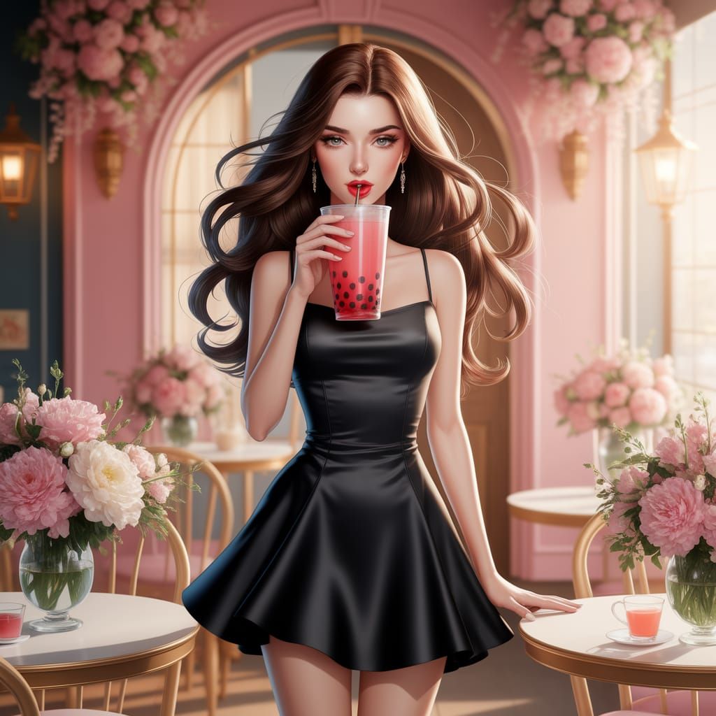 Woman Sipping Bubble Tea in Cozy Cafe