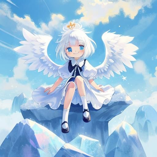 Girl with Angel Wings Smiling on Throne