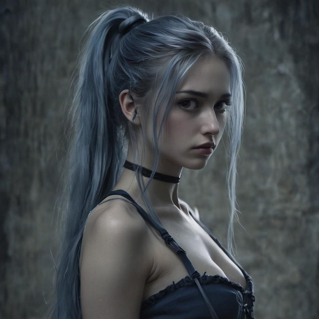 Eerie Dark Fantasy Portrait of Silver-Blue Haired Woman