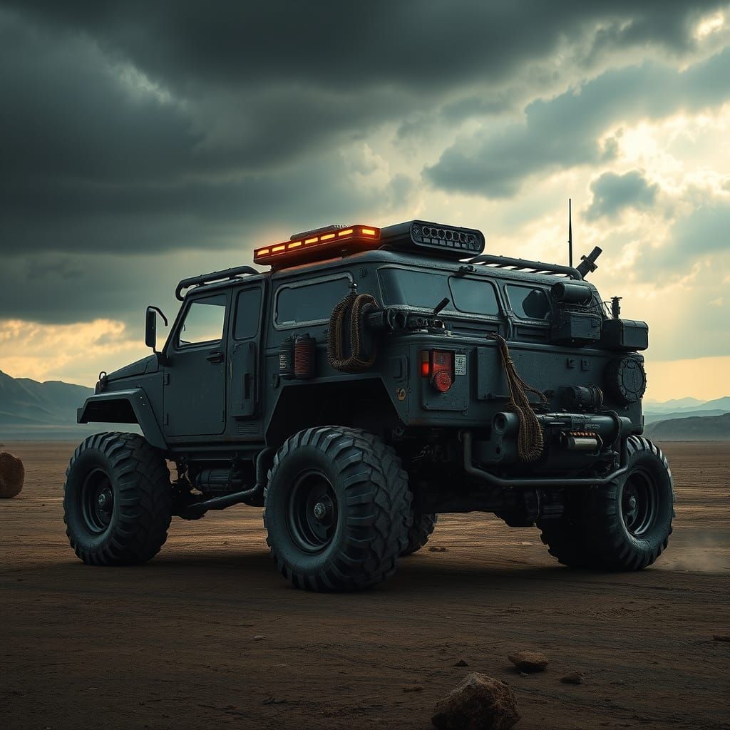 Armored Survival Vehicle in Post-Apocalyptic Landscape