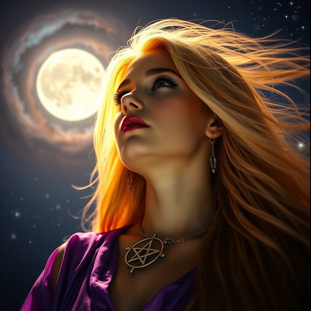 Goddess Bathed in Moonlight with Nebula Sky