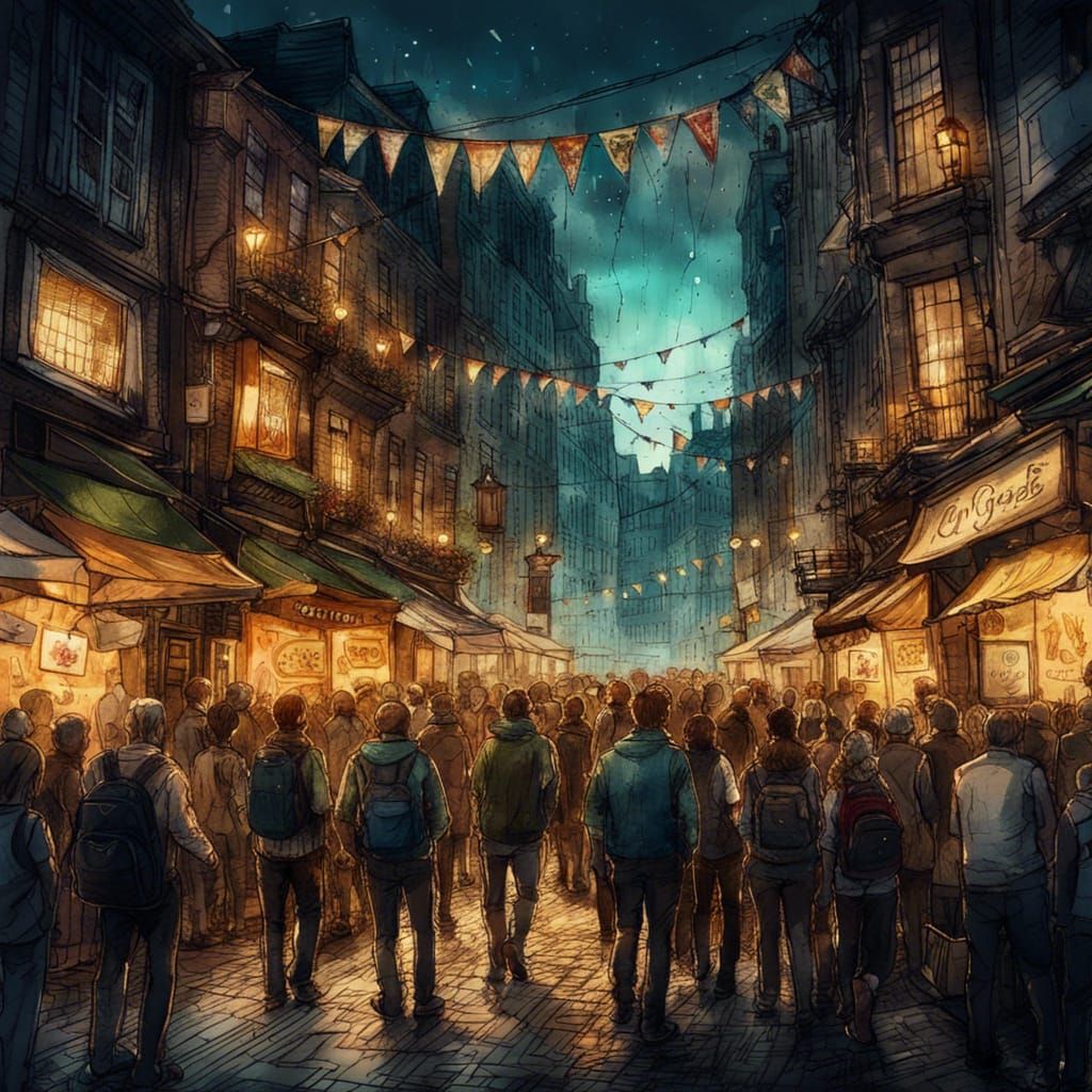 Festive City Street at Night, Fantasy Illustration