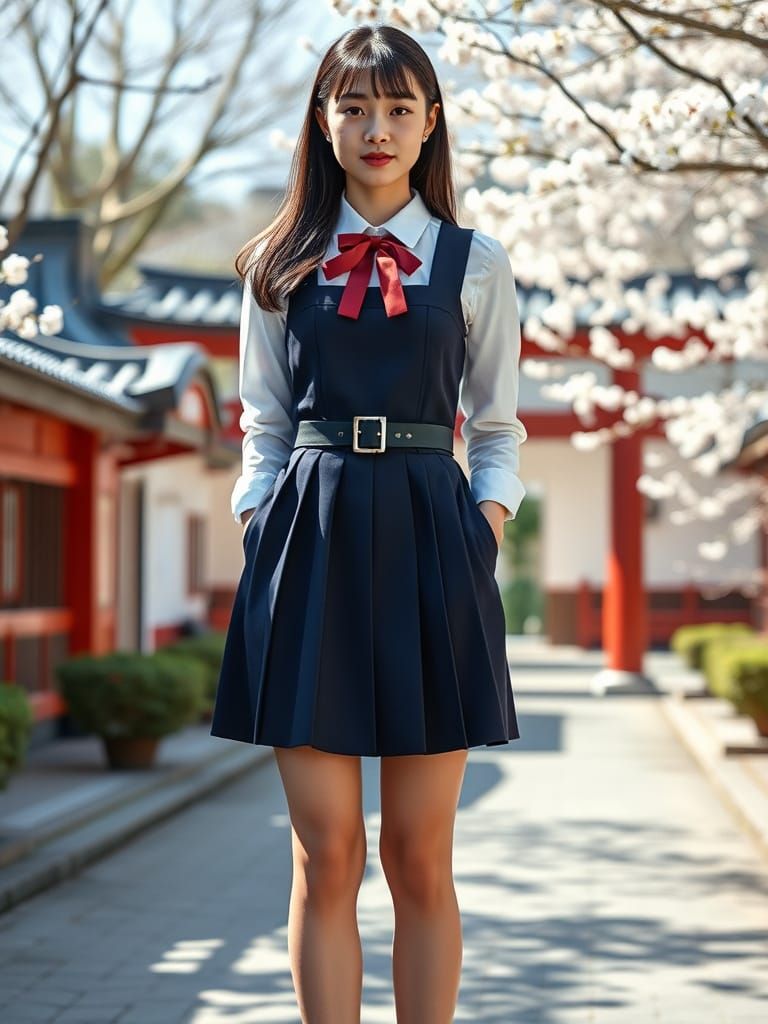 Japanese Student at Shrine with Falling Cherry Blossoms