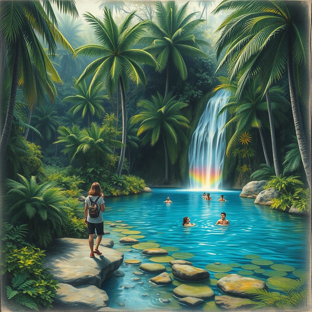 Enchanted Forest: Rainbow Waterfall in Charcoal Style